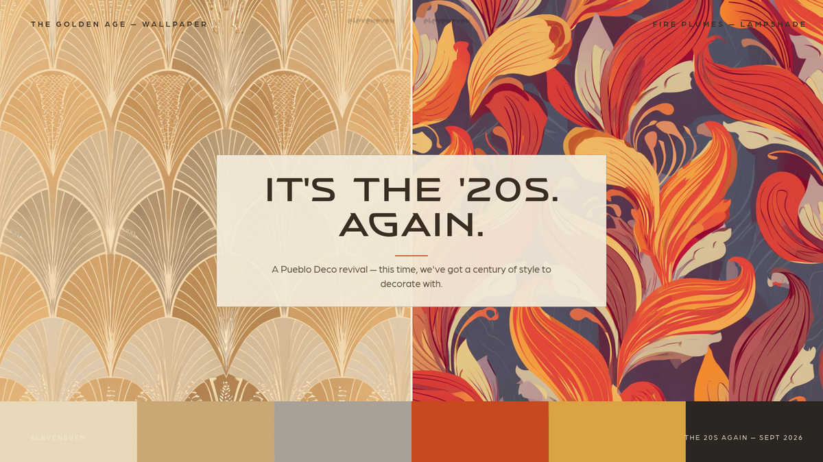 Golden Age Wallpaper and Fire Plumes Lampshade patterns and palette, side by side, for the September 2026 "The 20s Again" campaign