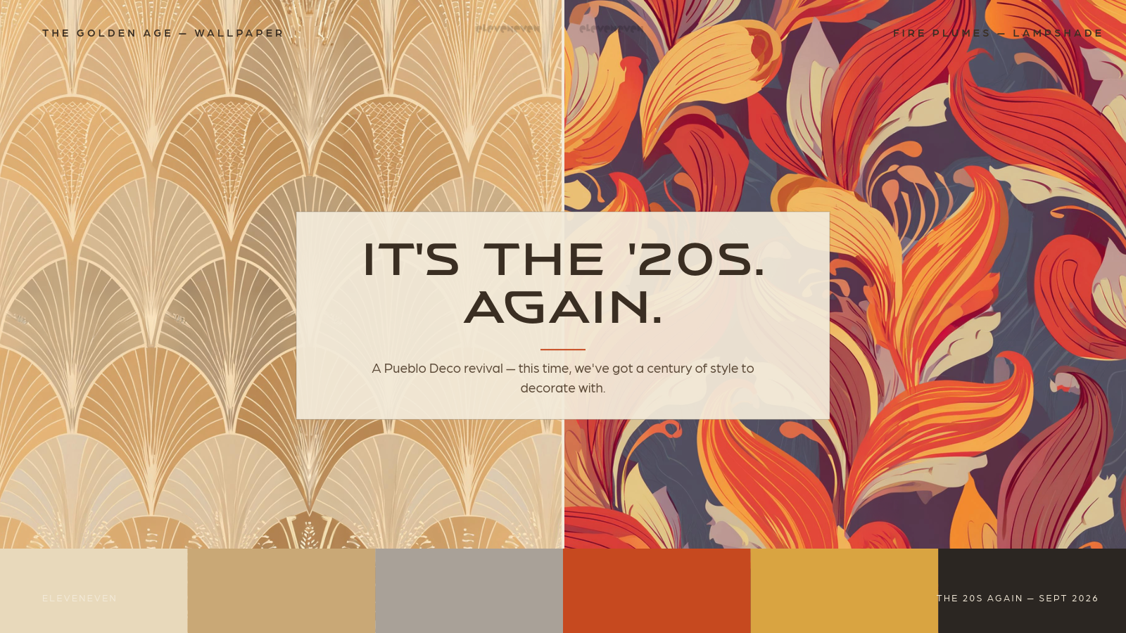Golden Age Wallpaper and Fire Plumes Lampshade patterns and palette, side by side, for the September 2026 "The 20s Again" campaign